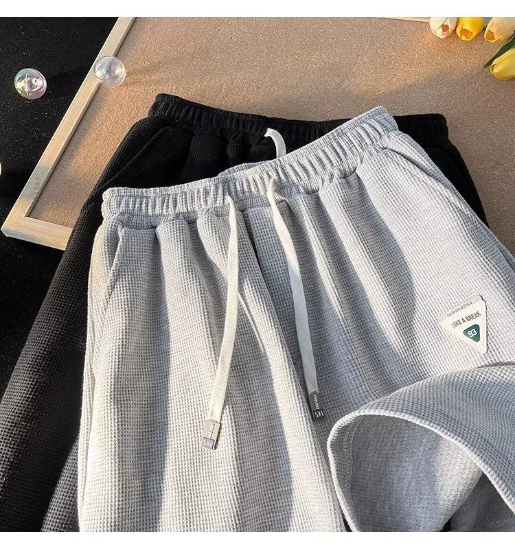 Nieuwe zomerse wafelstof losse casual 5-pocket cargo shorts voor mannen en tieners - ademend polyester, streetwear-stijl, meerdere kleuren (zwart, beige licht)_voghion.com
