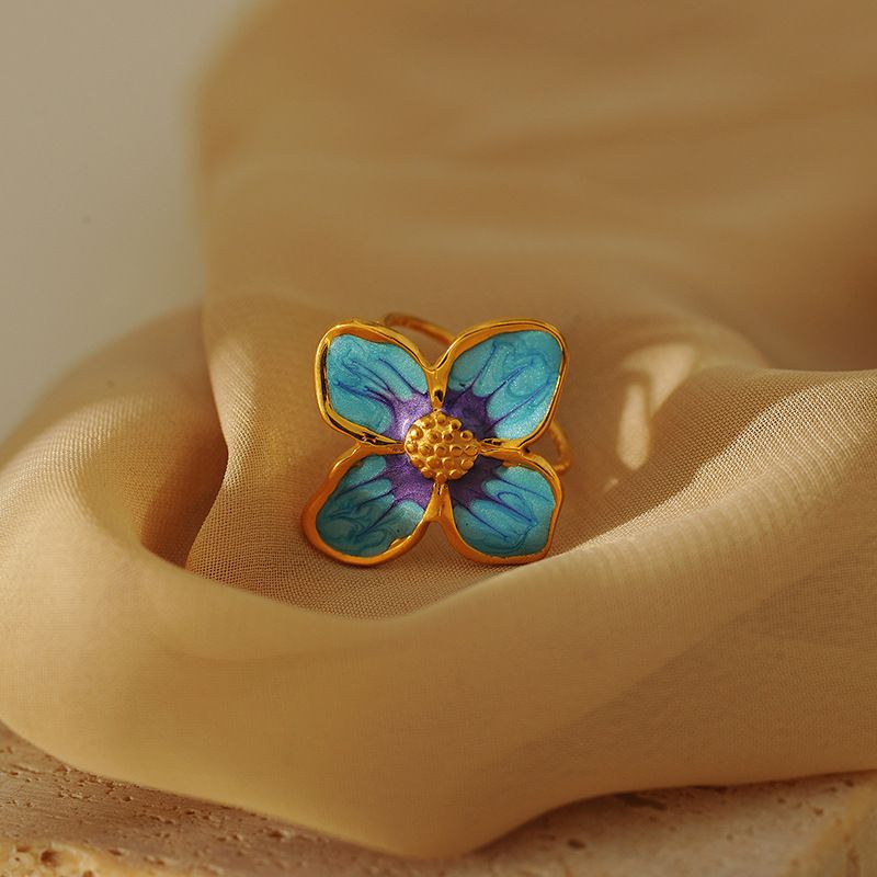 Anello blu-viola con fiore di olio che gocciola, anello in acciaio inossidabile placcato oro versatile e alla moda personalizzato_voghion.com