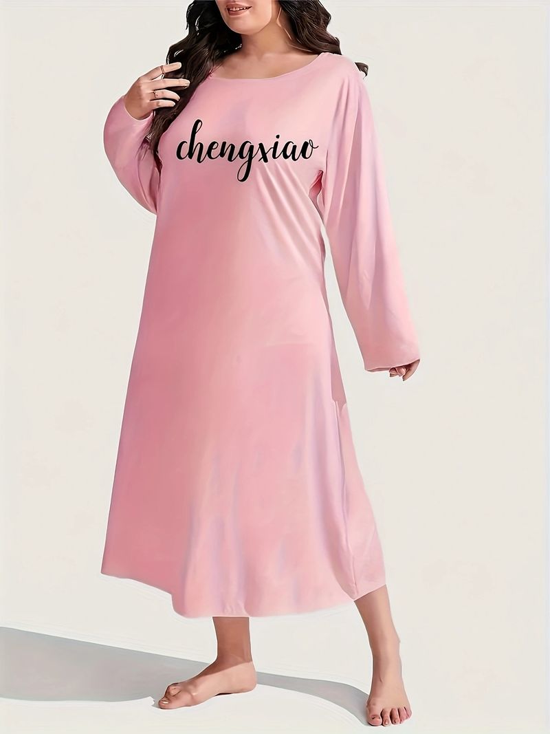 Large Size Long-sleeved Crew Neck Nightdress Women's Thin Style With Chest Pad_voghion.com
