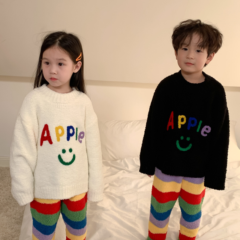 Children's Homewear Winter Boys And Girls Letter Rainbow Striped Pajamas Set Children's Soft Homewear_voghion.com