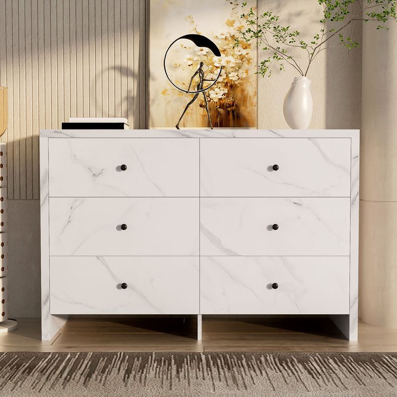 Credenza 120 cm Mit Marmor-Optik, 6 Schubladen, Schwarzem Holzgriff_voghion.com