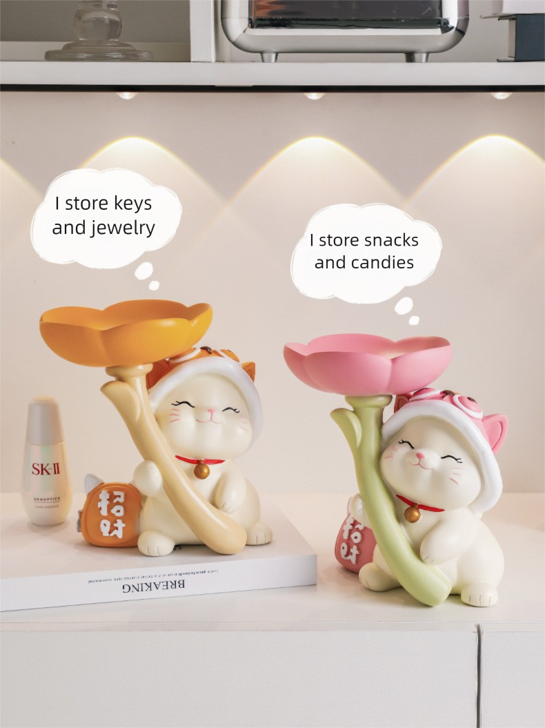 Creative Lucky Cat Tray Ornament Entryway Key Storage Display Shoe Cabinet Resin Home Decoration_voghion.com