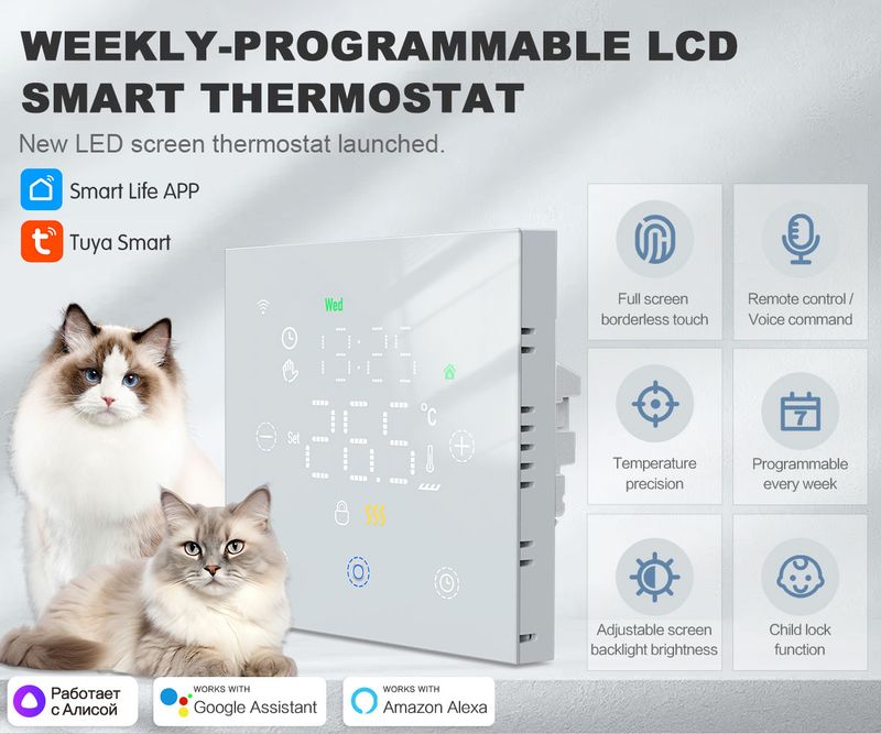 Tuy WiFi Älykäs Termostaatti Sähkölämmitykselle tai Lämmitysvesikattilalle Digitaalinen Etätermostaatti Google Homeen_voghion.com