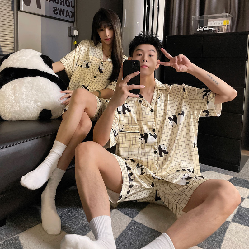 2024 Zomer Nieuwe Dames Geweven Zijde Korte Mouw Casual Panda Cartoon Buitenkleding Thuis Kledingset_voghion.com
