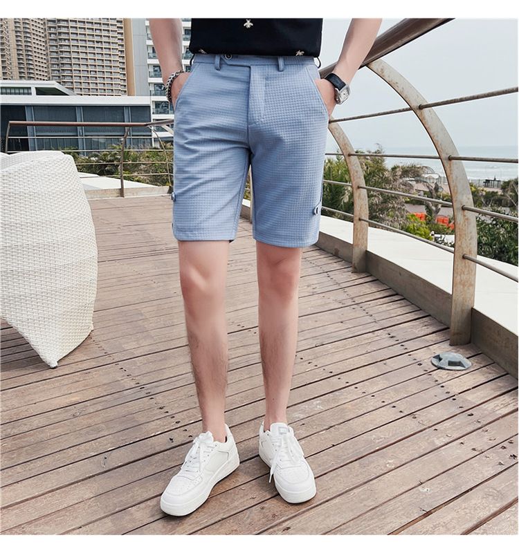 Summer new Internet celebrity trend waffle fabric casual shorts British temperament men's slim-fitting five-point pants_voghion.com