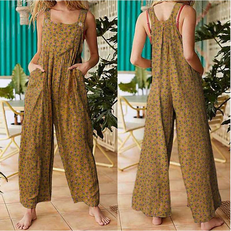 Dameklær Vår Damemote Etnisk stil Lappemønstret trykk Knapper Jumpsuit Overalls Bukser_voghion.com