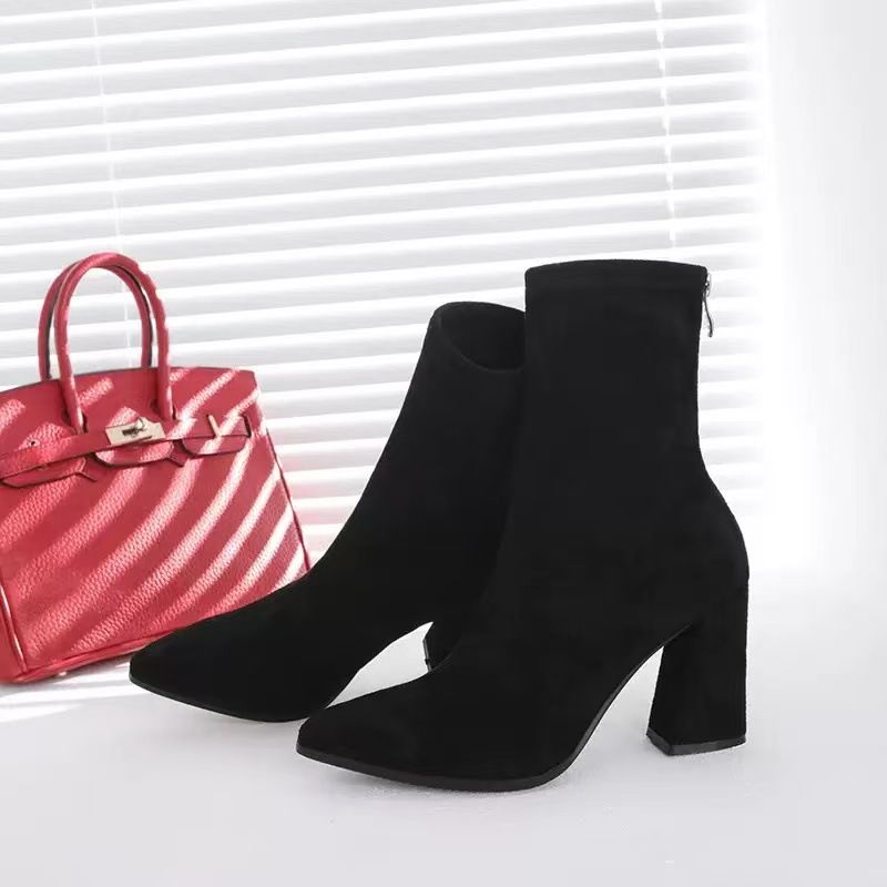 2025 Autumn Winter New Thick Pointed Toe Suede Short Women High Heel Stretch Slim Fashion Boots_voghion.com