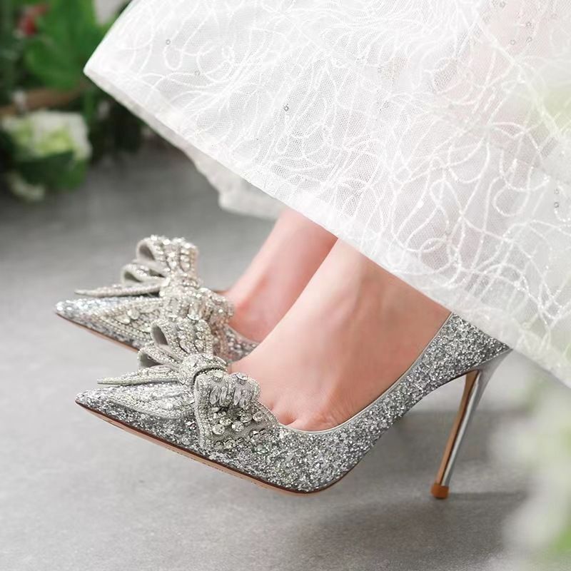 Wedding Shoes Bridal Shoes Master Wedding Dress Banquet Water Diamond Bow Silver Sequins Fine Heels Shoes Bridesmaid Crystal High Heels Shoes_voghion.com