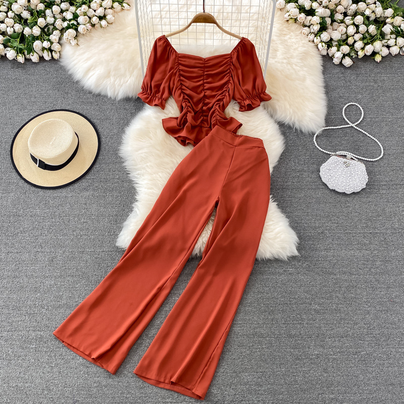 Pantalon décontracté pour femmes, taille haute, drapé, jambes larges, ensemble deux pièces, col carré, chemise courte et slim_voghion.com
