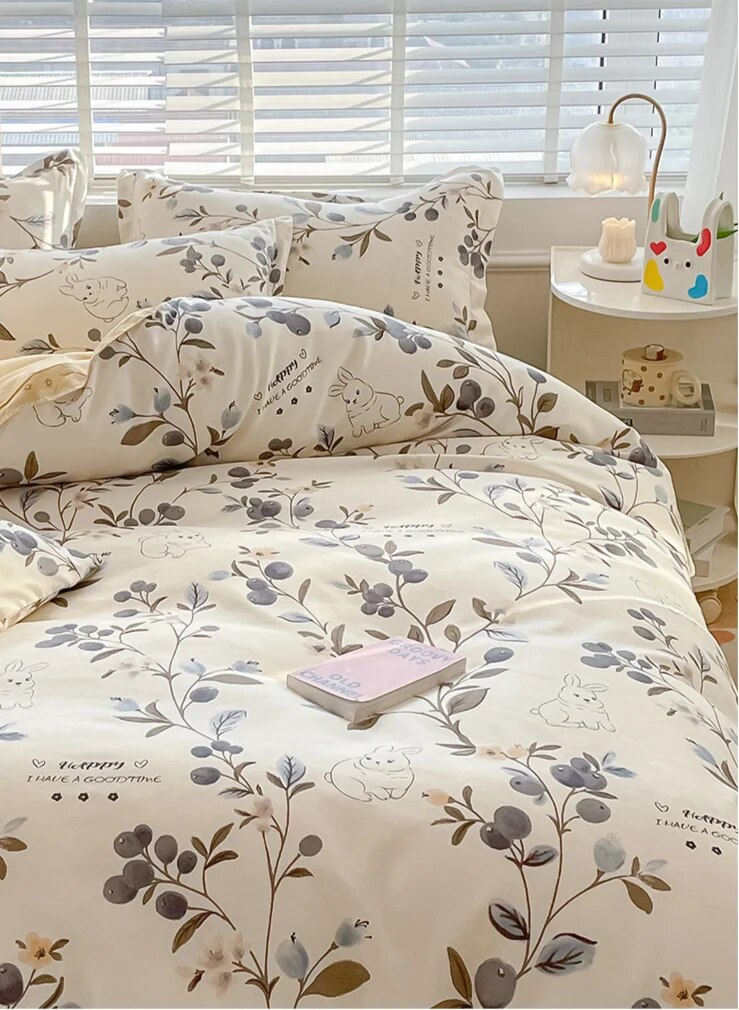 Quattro pezzi di biancheria da letto stampati in cashmere vegetale in stile pastorale estivo, lenzuola fresche per dormitori studenteschi, set da tre pezzi_voghion.com