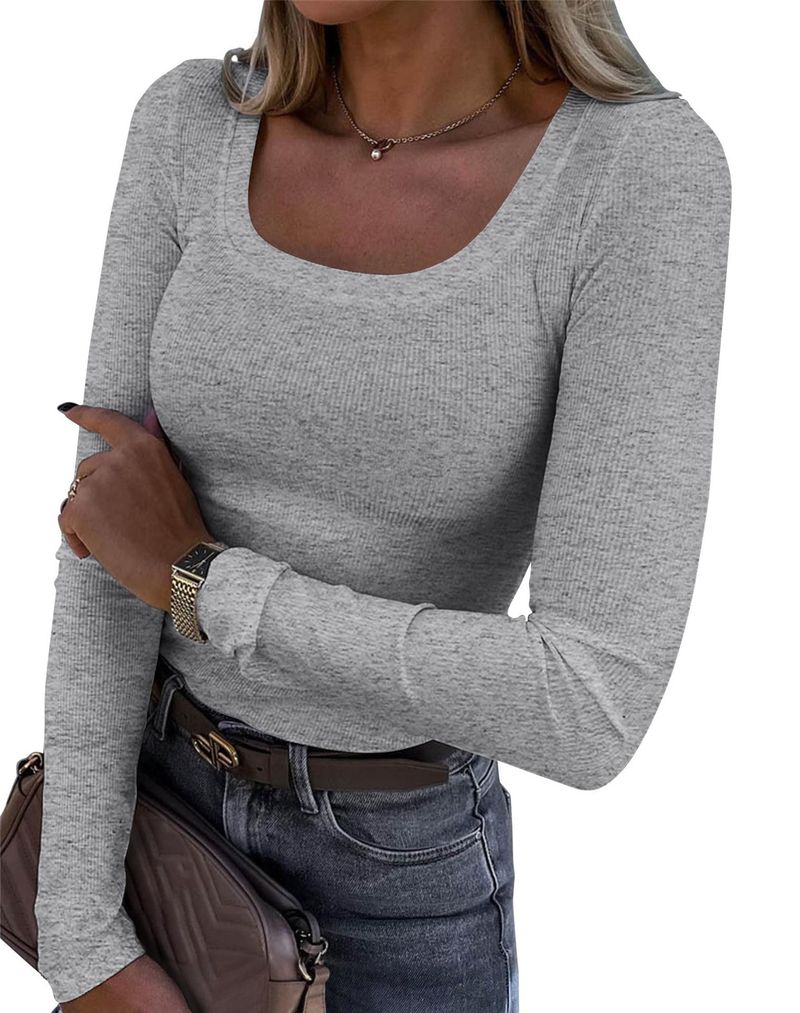 Women's Clothing Long Sleeved Slim Elastic Round Neck Ribbed T Shirt Casual Basic Tops_voghion.com