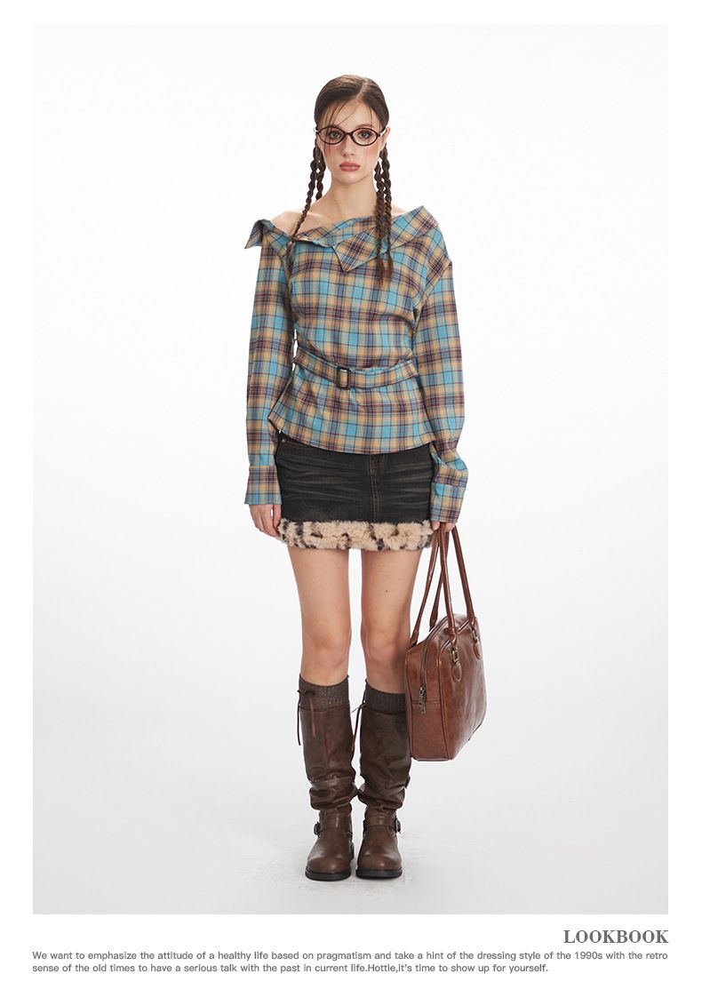 Women's Clothing Women's Asymmetric Collar Shirt - Slim Fit Checkered Top With Waist Tie_voghion.com