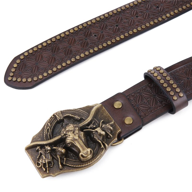 Western Cowboy Bull Head Harness Trendy Jeugd Punk Reliëf Heren Leren Riem met Studs_voghion.com