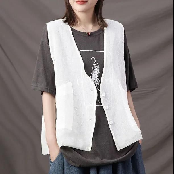Gilet sans manches léger et polyvalent pour femme grande taille, style artistique, à bordure croisée, idéal pour l'automne._voghion.com