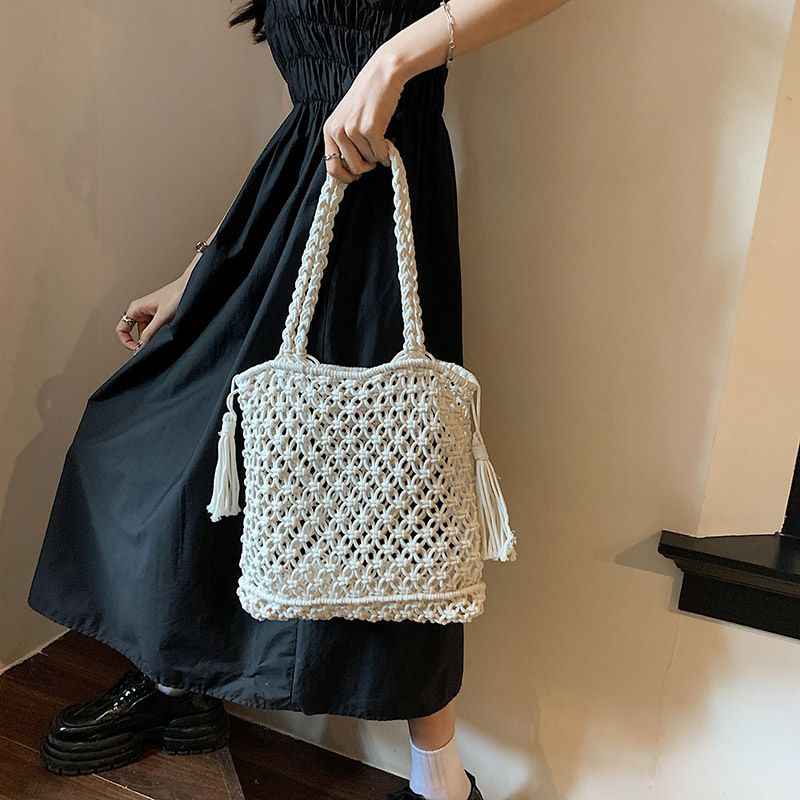 Vintage handgeweven strozak met franjes - Boheemse strandtas van netstof voor de zomervakantie, stijlvolle macramé schoudertas voor dames_voghion.com