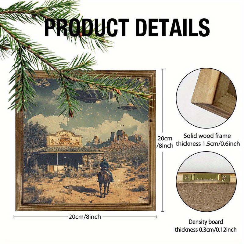 "8x8" Vintage UFO & Cowboys Wood Sign - Desert Scene Wall Art For Living Room, Bedroom, Office | Unique Holiday Gift_voghion.com