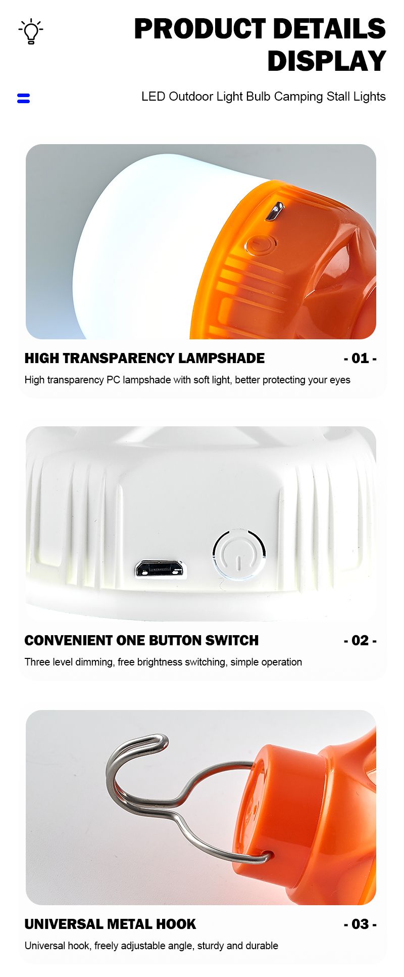 Bombillas LED recargables por USB para exteriores, luz de emergencia de alto brillo, para acampar, pescar, linterna portátil, luces nocturnas_voghion.com
