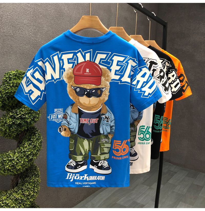 Herrenbekleidung Kurzarm-T-Shirt mit Cartoon-Bär-Aufdruck für Herren, Sommermode, All-Match, lässiger Rundhalspullover, lockeres Oberteil_voghion.com