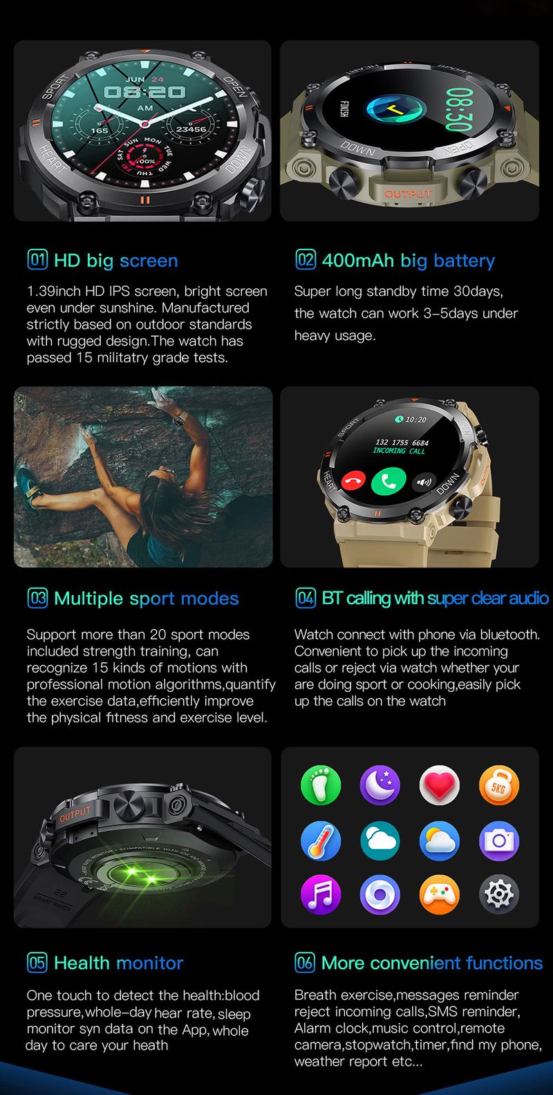 MELANDA 1.39 Inch HD Bluetooth Call Smart Watch Men Sports Fiess Tracker Heart Monitor 400mAh Smartwatch For Android IOS_voghion.com
