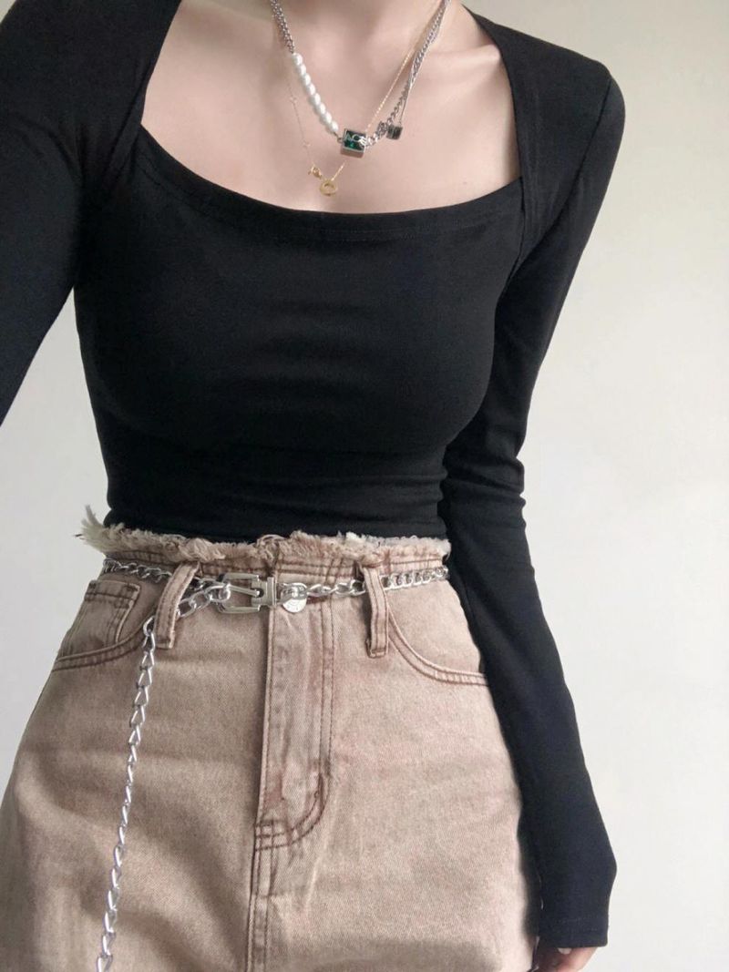 Kurzes, tailliertes Strickshirt mit eckigem Ausschnitt in Übergröße für Damen, neuer Herbst-Winter-Stil, ideal zum Kombinieren, kurzes Top für modebewusste Mädchen_voghion.com