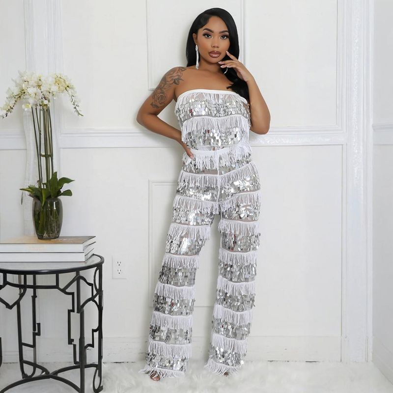 Conjunto de top corto sin tirantes y pantalón ancho: un conjunto sexy y chic de dos piezas para mujer_voghion.com