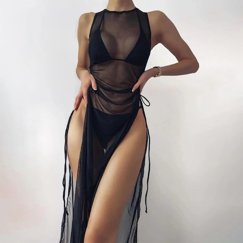 Nouvelle couleur unie jupe longue fendue maillots de bain crème solaire couvrir Bikini plage jupe trois pièces maillots de bain pour les femmes_voghion.com