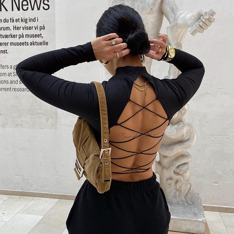 Women's round neck long sleeve sexy halter strap slim-fit T-shirt_voghion.com