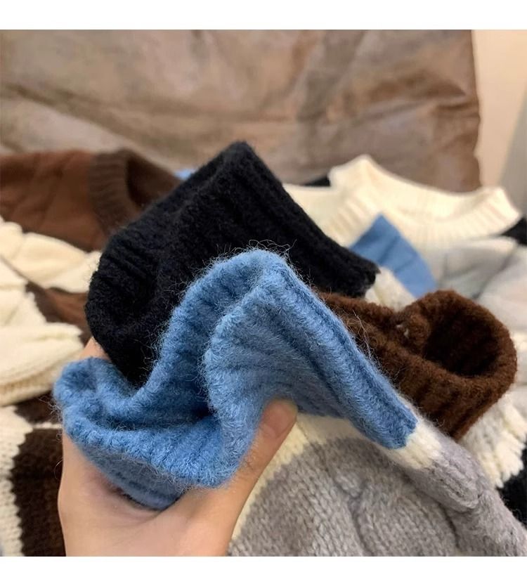 Gestreepte gebreide herentrui – dikke trui met ronde hals van katoenmix (bruin/blauw/zwart, M-XXXL)_voghion.com