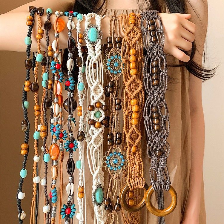 Ceinture en perles de bois et résine, tissée à la main, chaîne ronde géométrique, style ethnique, accessoire de taille_voghion.com