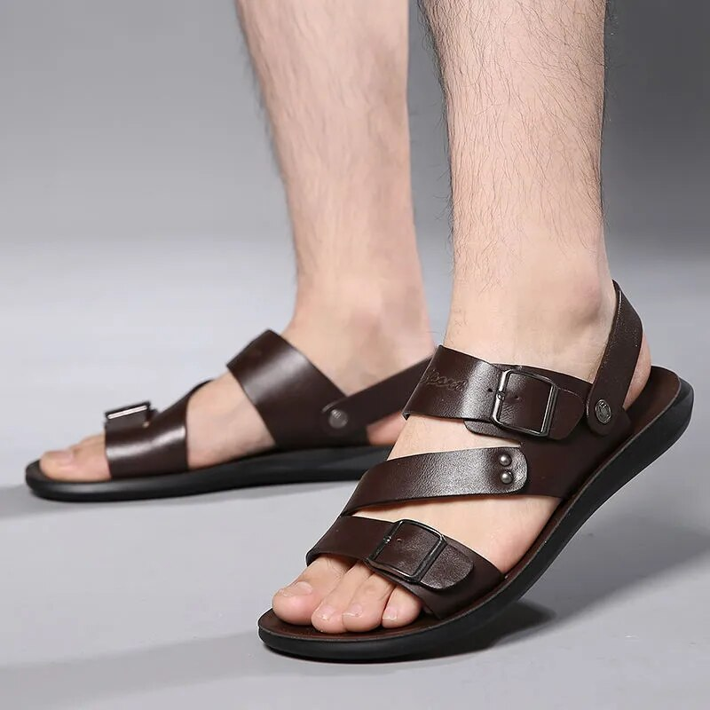 Fashion Comfortable Men's Sandals Solid Color Open Toe Mens Leather Sandals 2023 New Slippers Beach For Male Leather Footwear_voghion.com