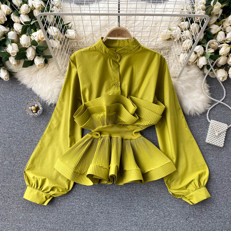 Abbigliamento Donna Camicie a maniche lunghe per donna con un design di nicchia, volant plissettati tridimensionali, vita sottile e versatili top primaverili per donna_voghion.com
