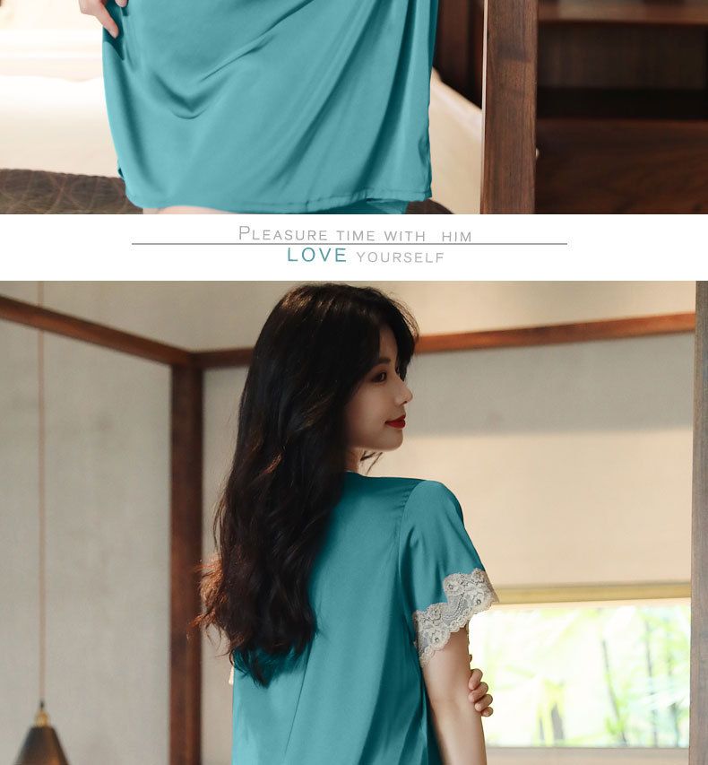 New Pajamas Women's Summer Ice Silk Loose Large Size European And Korean Version Sexy Lace Ice And Snow Silk Short-sleeved Nightdress Loungewear_voghion.com