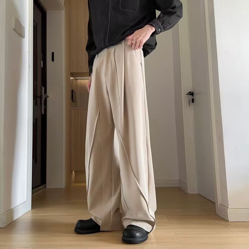 Pantalones de traje de otoño / invierno para hombres, pantalones rectos drapeados relajados de alta calidad para hombres, pantalones cómodos y casuales de pierna ancha._voghion.com