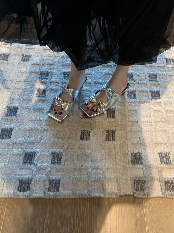 New Summer Dress Paired Slippers With Square Exposed Toe, Silver Single Line, Low Heel, French Style Sandals For A_voghion.com