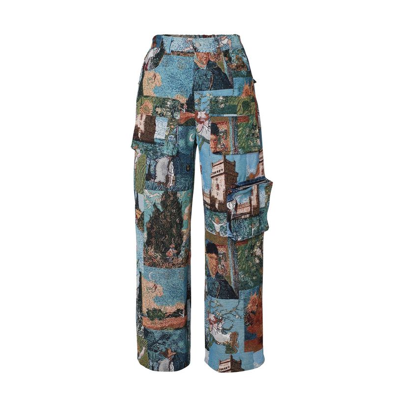 Women's Casual Cargo Pants With Jacquard Design, Multi-Pocket Retro Streetwear Trousers For Fashionable Outfits_voghion.com
