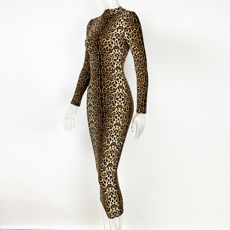 Abito slim sexy a maniche lunghe con stampa leopardata alla moda da donna_voghion.com