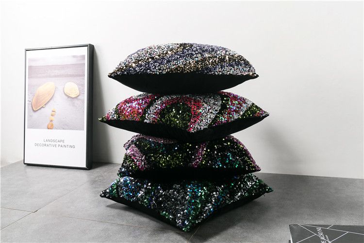 American-style High-density Color Large Wave Embroidered Sequin Pillow Nordic Model Room Color Sequin Sofa Cushion_voghion.com