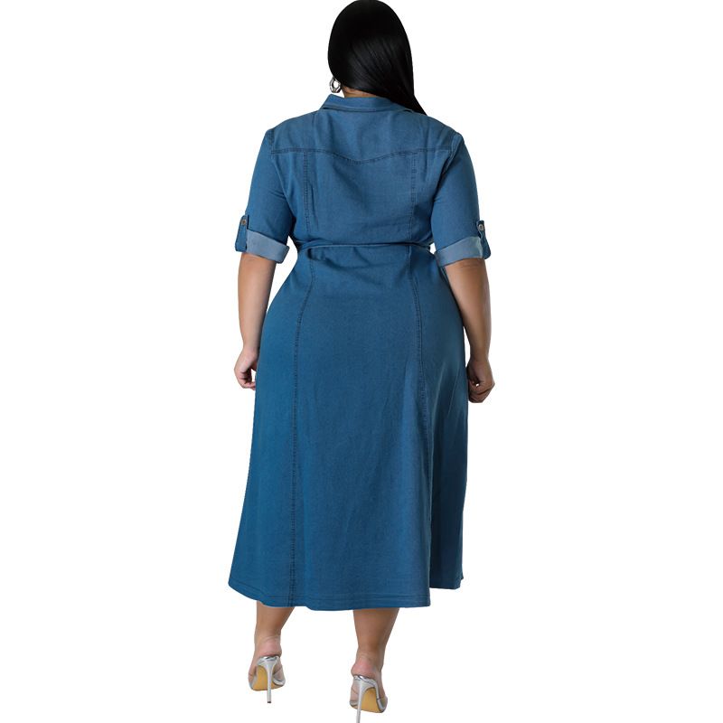 Women's Clothing Denim Lapel Long Sleeved Tie Down Mid Length Dress_voghion.com