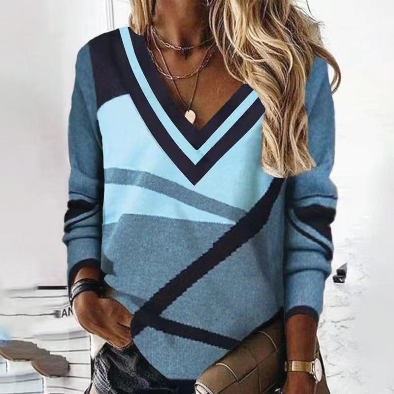 Women's V-neck contrast geometric printing temperament loose long-sleeved sweater_voghion.com