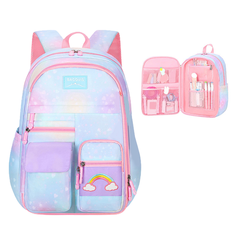 Zaino per ragazze Zaino per studenti arcobaleno Zaino per libri scolastici con tasche multiple di grande capacità con apertura a 180 gradi_voghion.com