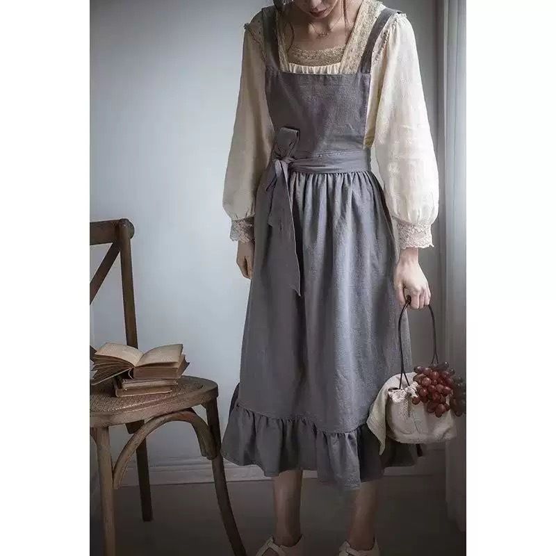 French Retro Pastoral Style Artistic Temperament For Home Kitchen Cooking Oil-Proof Nordic Solid Color Apron_voghion.com