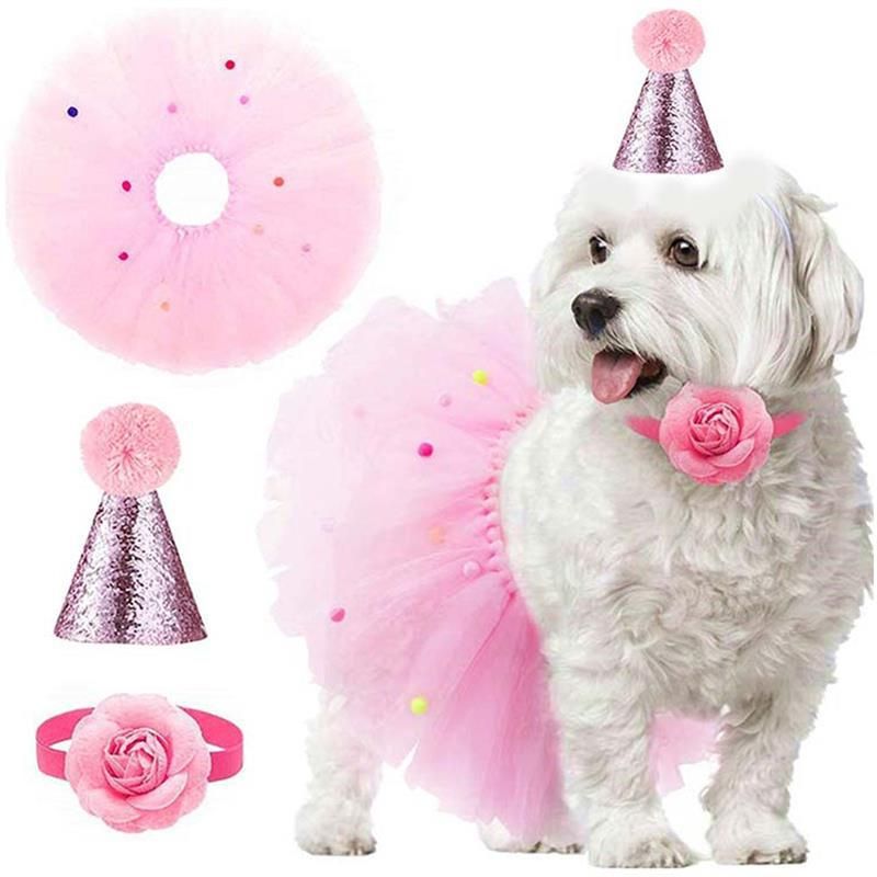 Chapeau d'anniversaire pour animaux de compagnie, jupe en gaze rose, collier à nœud papillon, décoration de fête pour chien femelle, ensemble de trois pièces_voghion.com