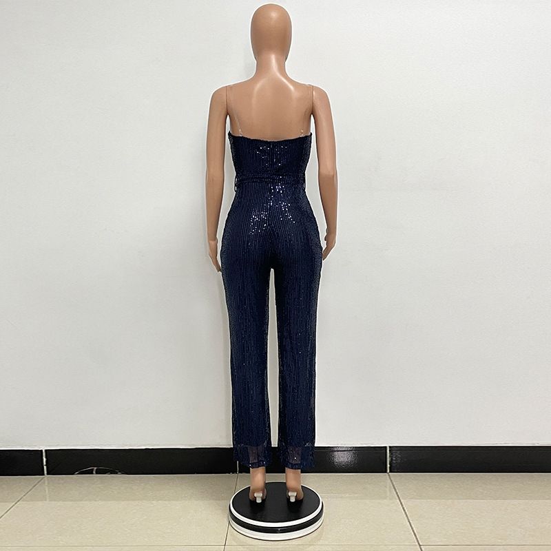 Dametøj Ærmeløs pailletterbæltejumpsuit ensfarvet tubetop rygløs jumpsuit_voghion.com