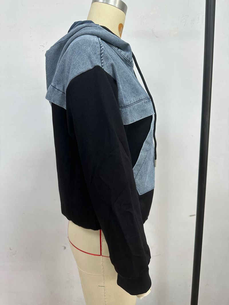 Felpa con cappuccio da donna in denim lavato, casual, alla moda, 25° anno, patchwork, 805_voghion.com
