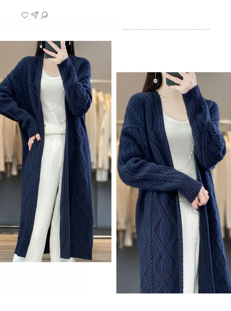 Cardigan lungo e largo in maglia di lana pesante e spessa, da donna, con scollo a V, autunno inverno_voghion.com