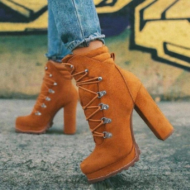 Women's Shoes autumn and winter waterproof platform high heel lace up rivet short boots suede Martin boots_voghion.com
