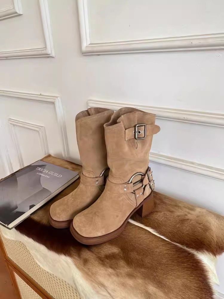 Matte Cowhide Western Cowboy Women's Genuine Leather Thick Heeled Short Boots, Square Toe Brown High Heels,_voghion.com