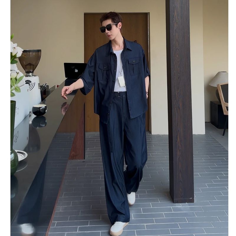Herenkleding IJs Zijde Knap Overhemd Herenpak Mode Los Zacht Denim Pak Zomer Dun Korte Mouw Tweedelig Pak_voghion.com