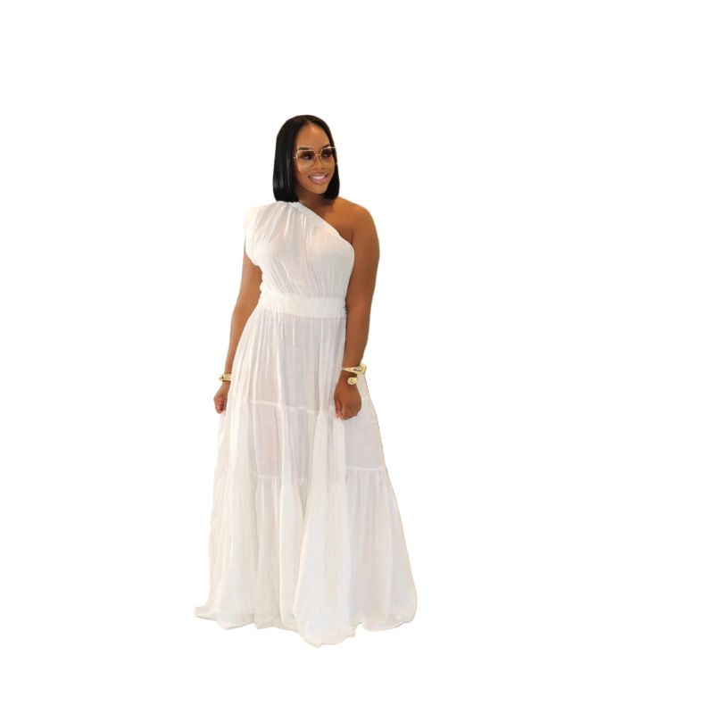 Abito elegante e comodo da donna con cuciture sulle spalle in tinta unita, nuovo stile per le vacanze al mare._voghion.com