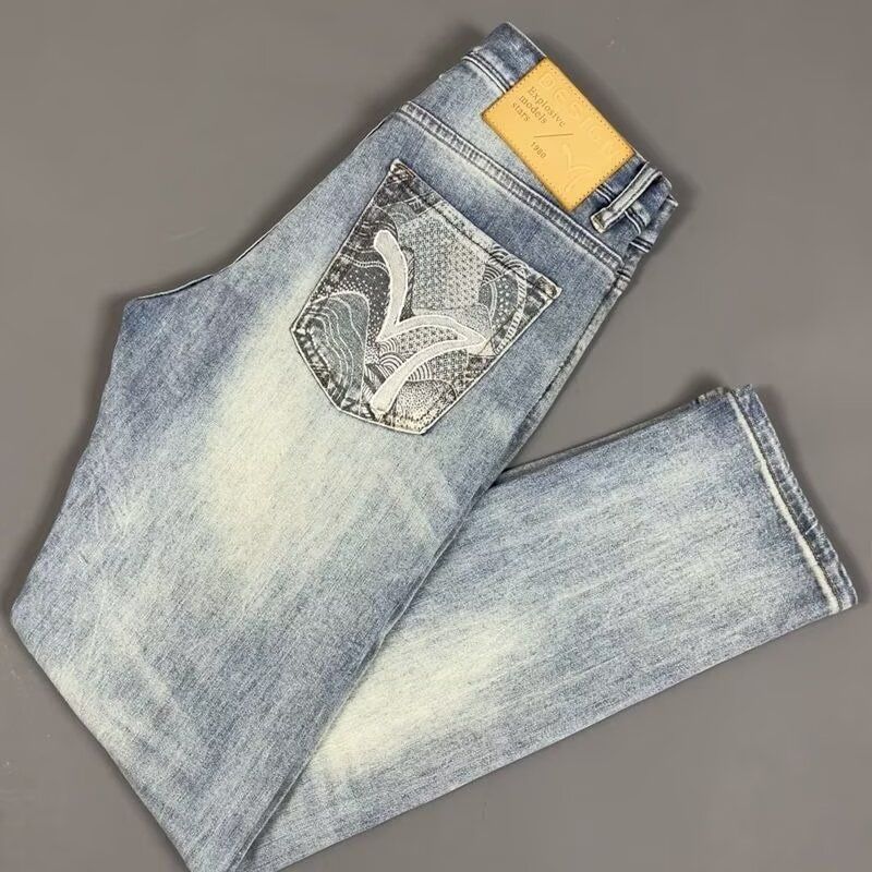 Abbigliamento maschile Jeans retrò ricamati lavati Pantaloni dritti elasticizzati casual slim di alta qualità alla moda da uomo_voghion.com